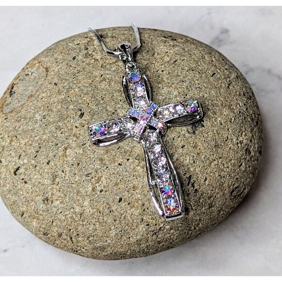 White Gold Plated Crystal Cross Necklace - Picture 7 of 12